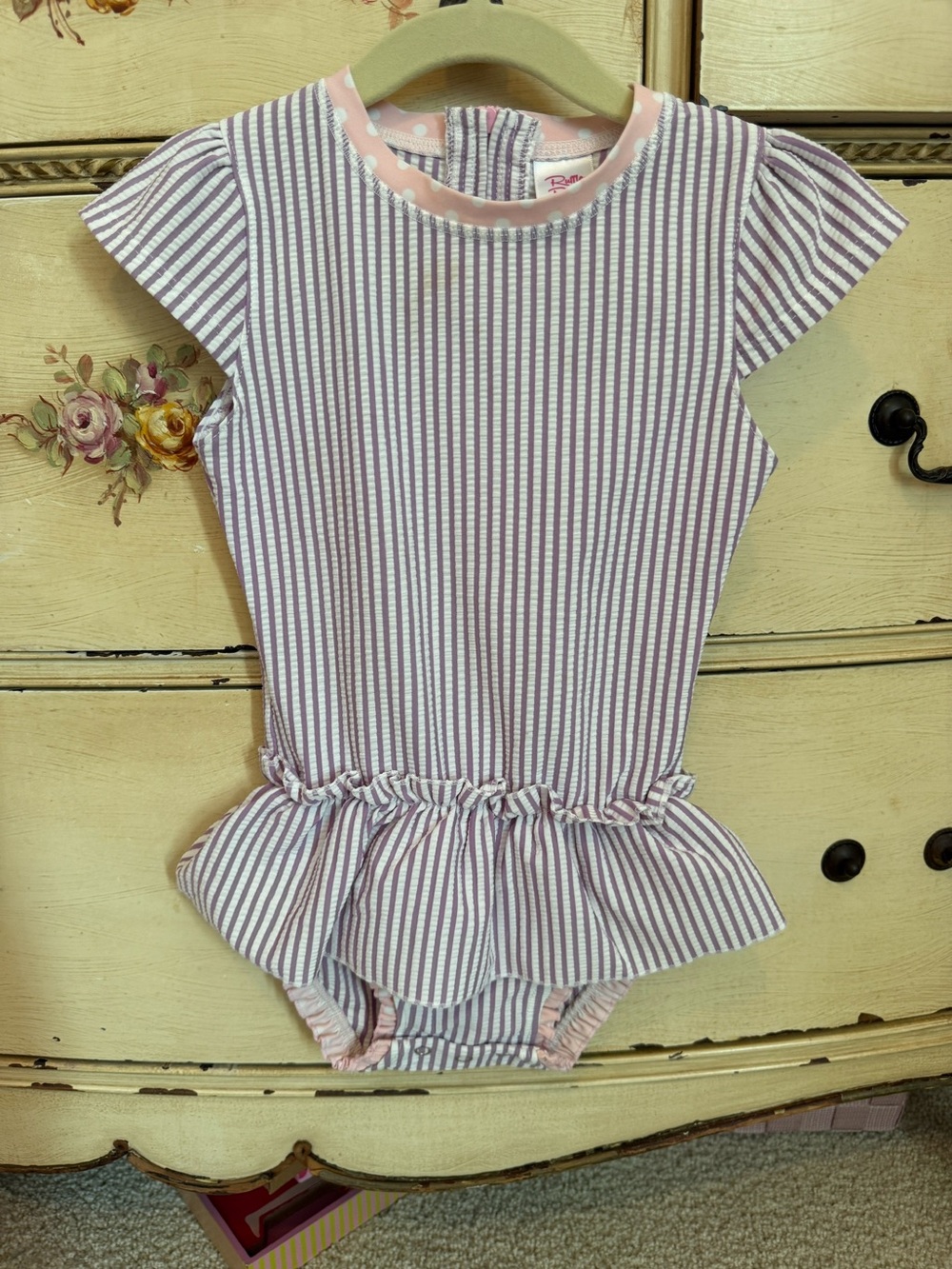 Ruffle Butts Lavender and White Striped Ruffle One-Piece